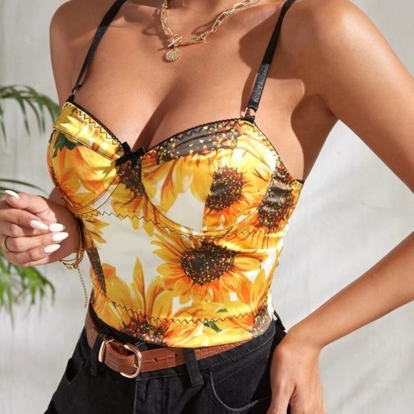 Sunflower Printed Satin Crop Cami Top - Picture 5 of 5